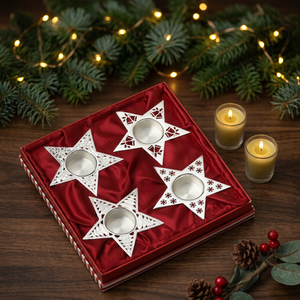 Handmade Portable Brass <b>Christmas</b> Candle Stand with Set of 4 Star <b>Tea</b> <b>Light</b> Holders for Home Decoration - Product Image 2