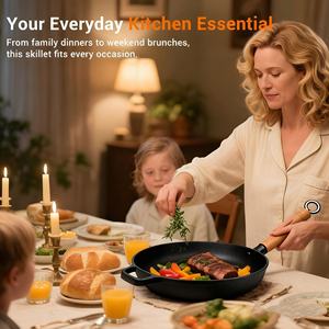 Poêle en fonte pré-assaisonnée avec couvercle et poignée en bois amovible - Poêle antiadhésive ultime <span class=keywords><strong>pour</strong></span> cuisinière, four, grill et feu de camp - Product Image 6