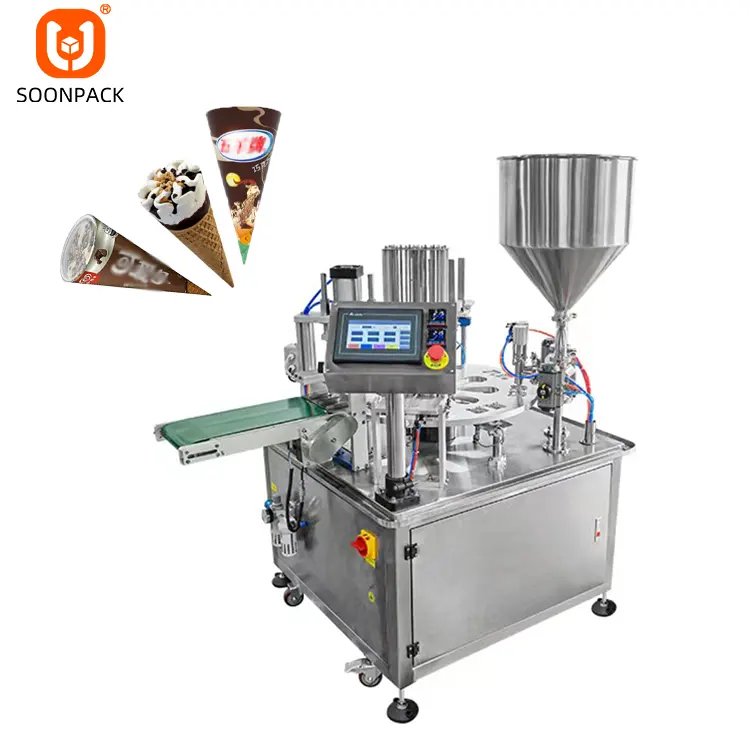 Mesin kemasan Output ganda tipe Carousel untuk kemasan cokelat es krim kerucut jus dan cangkir Yogurt