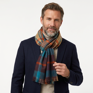 Lightweight Fine Merino Wool Designer Hand Loom Woven Dobby Checkered Long Length Scarf Shawl Soft Cozy Neck Wrap Fringes Men's - Product Image 1