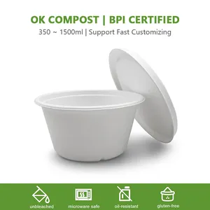 Benutzer definierte Zuckerrohr Bagasse Zellstoff Kompost ierbare Papiers chale Zuckerrohr Biologisch abbaubar 12oz 16oz 32oz 48oz Suppen salat behälter mit Deckel