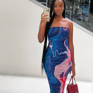 Sexy tie-dyed Print buttock short Women Club Spaghetti Bandage tube top Backless dresses