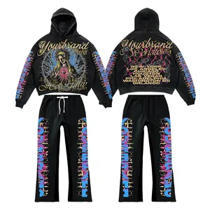 Custom Men Heavy 100% Cotton Washed Fleece High Quality Screen Puff Print Flare Sweatpants And Hoodie Sets