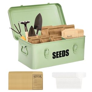 Boîte de rangement pour graines à 4 compartiments, grand conteneur métallique avec verrous de sécurité, 50 étiquettes pour plantes et 20 enveloppes pour organiser les graines - Product Image 1