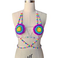 2026 Tenue de festival rave faite main avec perles Pony, Cache-maillot de bain sexy, Harnais Kandi, Haut perlé Halter, Chaîne de corps, Soutien-gorge Kandi arc-en-ciel