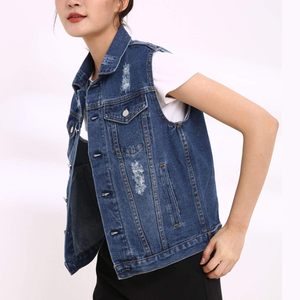 FOXA Womens Denim Vest Sleeveless Buttoned Distressed Washed Jean Jacket With <b>Chest</b> Flap Pockets Vintage Style - Product Image 3
