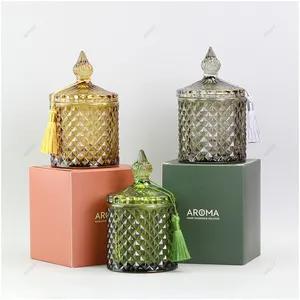 Round 250ml Empty Unique Colored Glass Candy Jars Embossed Luxury Candle Jars Empty Geo Candle Vessels