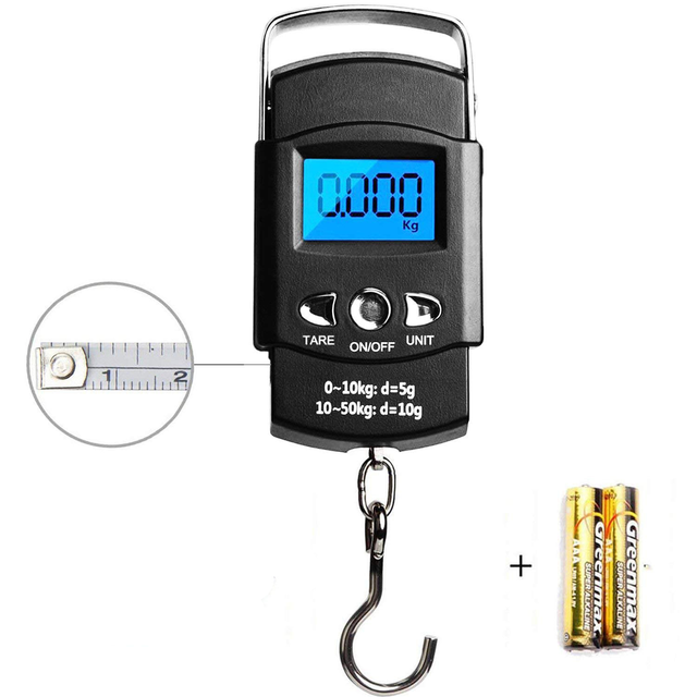 Plastic 50kg Electronic Luggage Scale 110lb Portable Backlit LCD Display Scale Fish Hook Hanging Digital Scale with Tape Measure