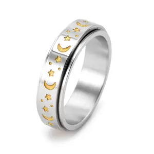 Stainless Steel Spinner Rings Moon and Star Fidget Ring Stress Relieving Anxiety Ring Engagement Wedding Promise Band Women Men