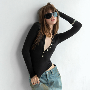 Top de Manga Larga con Cuello Redondo y Botones Metálicos en la Parte Delantera, Ajustado a la Cintura, Estilo Sexy y Versátil para Primavera/Otoño - Product Image 2