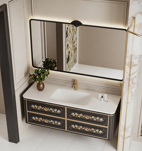 Meuble de salle de bain vintage français de luxe léger en bois, vasque flottante en bois massif avec miroir LED, armoire florale peinte à la main et lavabo en pierre - Product Image 2