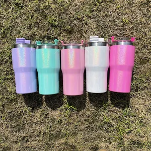 USA warehouse 20oz tumbler sublimasi kosong glitter holografik berkilau anak-anak dengan tutup dan sedotan 20oz tumbler pemanas anak-anak