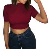 Haut pour femmes été nouveau col rond coupe ajustée couleur unie T-shirt à manches courtes haut pour femmes OEM