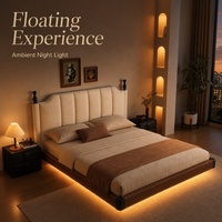 Lit flottant moderne à nervures verticales et rembourré avec bande lumineuse LED chaude, cadre en bois massif, lit king-size de luxe en velours avec rangement