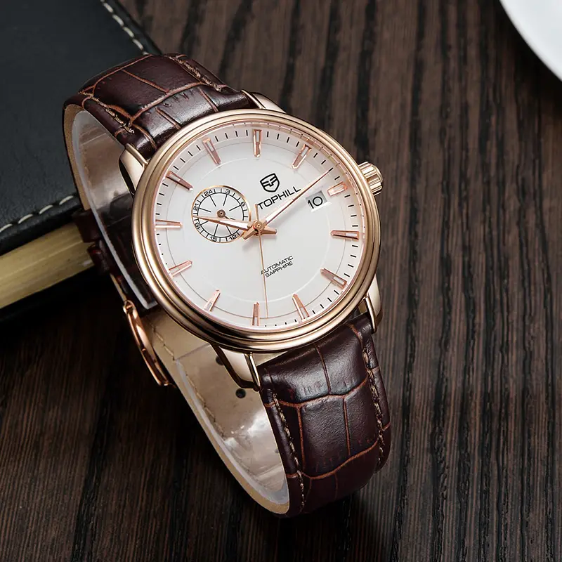 Tophill TW021G Super time 5ATM Waterproof Genuine Leather Luxury 38.8mm Dial Rose Gold Mechanical Mens Wrist Swiss Watches