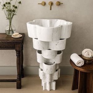 YUSHI Lavabo sur pied personnalisable en marbre blanc de Carrare en forme de fleur, lavabo sur pied artisanal en pierre naturelle pour salle de bain - Product Image 1