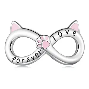 Chat Charm 925 Sterling Silver Lucky Cat Cute Infinite Jewelry Beads and Charms for Jewelry Making