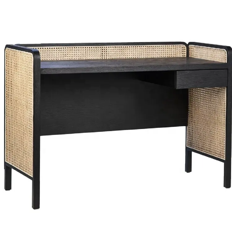 उच्च गुणवत्ता समकालीन ठोस लकड़ी ओक लकड़ी के घर के कार्यालय काले रतन डेस्क टेबल