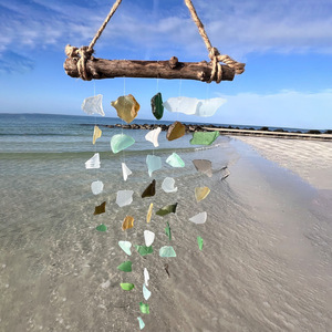Drop-shipping Handmade <b>Sandblasted</b> Bohemian Modern Minimalist Sea Glass and Driftwood Wind Chime - Product Image 1