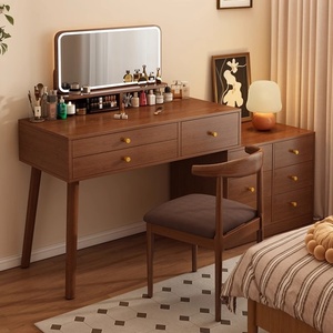 Chic Chinese Style Furniture Nut <strong>Brown</strong> Three Color LED Light Mirror Makeup <strong>Dressing</strong> <strong>Table</strong> with Cabinet Vanity for Bedroom - Product Image 1