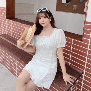 รันฉีชุดเดรสแขนสั้นไซส์ใหญ่สีขาว คอเหลี่ยม แต่งลูกไม้ ลำลอง ใส่ได้ทุกวัน N7690 - Product Image 1