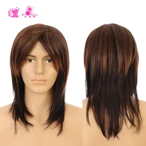 JINRUILI Top Quality Dark Brown Mix Color Long Wig for Men Brown Ombre Long Straight Synthetic Hair Male's Party Wig