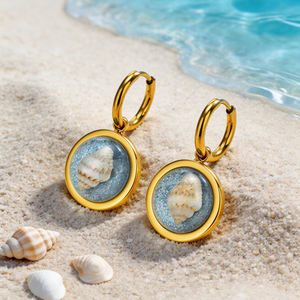 Pendientes de Concha Marina de Acero Inoxidable 316L con Oro de 18K para Mujer, Estilo Sirena, con Resina Costera, Tipo Huggie, Joyería Impermeable - Product Image 5
