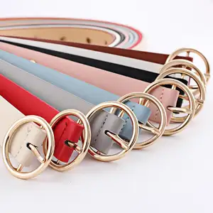 Female Gold Round Metal Circle Buckle belt Gold round Belt Women Jeans  Pants PU Leather Pure Color Waist Belts
