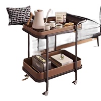 Chariot de rangement pliant en cuir et bois de luxe léger, avec étagère à trois niveaux réglable pour café et snacks, sur roulettes