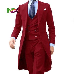 2025 Erkek Takım Elbise Yeni Gelen Uzun Ceket Tasarım Çin Kırmızısı Zarif Erkek Smokini Balo Blazer Kostüm 3 Parça (Ceket+Yelek+Pantolon) - Product Image 2