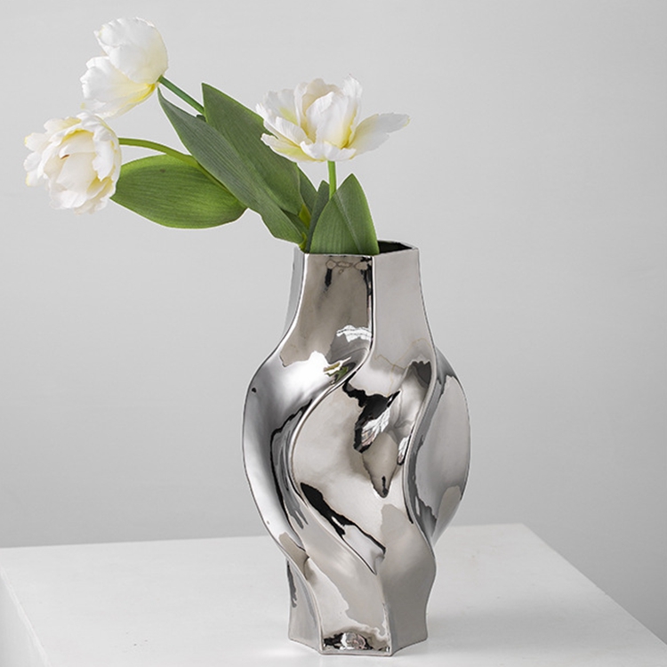 Modern and simple living room table flower decoration decoration silver plating ceramic vase