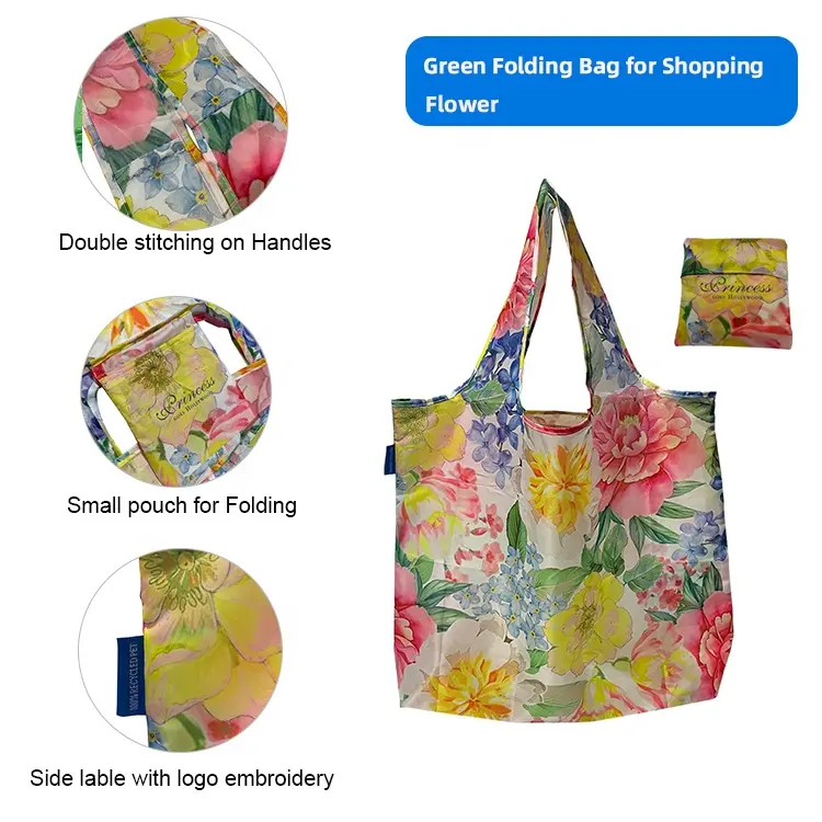 Gemakkelijk Carry Draagbare Eco Herbruikbare Pocket Tote Bag Polyester Print Opvouwbare Boodschappentas