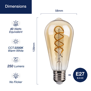 Lampadine Vintage Retrò E27 E26 in Vetro Ambrato con Filamento a Spirale 120V 230V AC A60 ST58 T300 Bianco Caldo CE UKCA UL Pronte per la Spedizione - Product Image 3