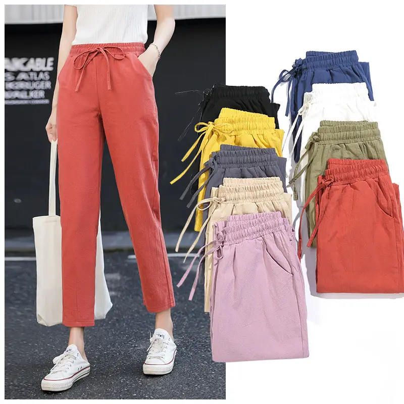 Women solid color summer trousers high waist ankle-length loose straight trousers women's casual cotton linen harem pants L205