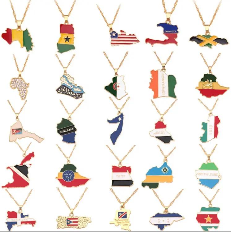 Travelling Gift Gold Plated National Flag Alloy Pendant Multiple Country Map Necklace