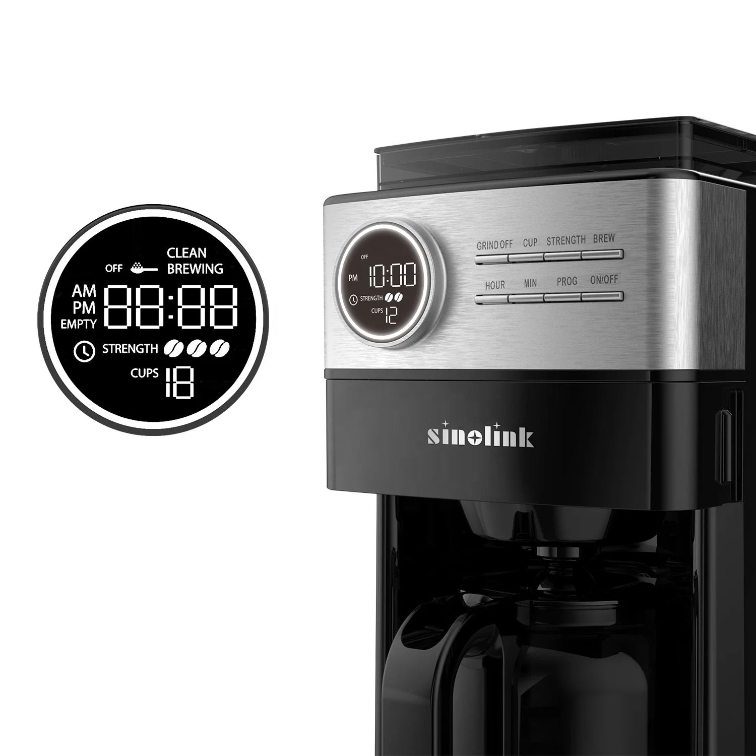 Programmable electric smart drip coffee maker with grinder