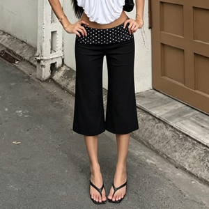 กางเกงขายาวทรงหลวมใส่สบายระบายอากาศได้ดีสำหรับฤดูร้อน ลายจุด ขอบเอวยางยืด ทรงขาตรง ความยาว 7/8 สไตล์ลำลอง - Product Image 1