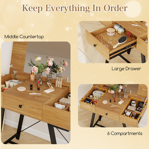 Table de maquillage moderne en bois avec miroir relevable, prise électrique intégrée, gestion des câbles, trous de rangement, bureau compact avec tiroirs - Product Image 5