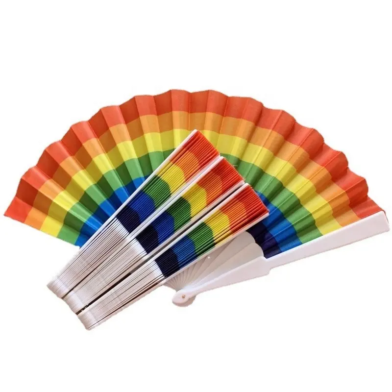 Factory Direct Wholesale Portable Custom Plastic Hand Folding Rainbow Printed Fans For Promotional Gift