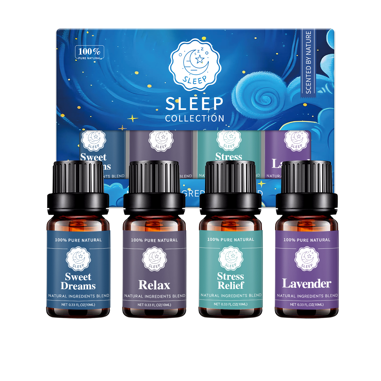 Set di 4 bottiglie di olio essenziale per dormire