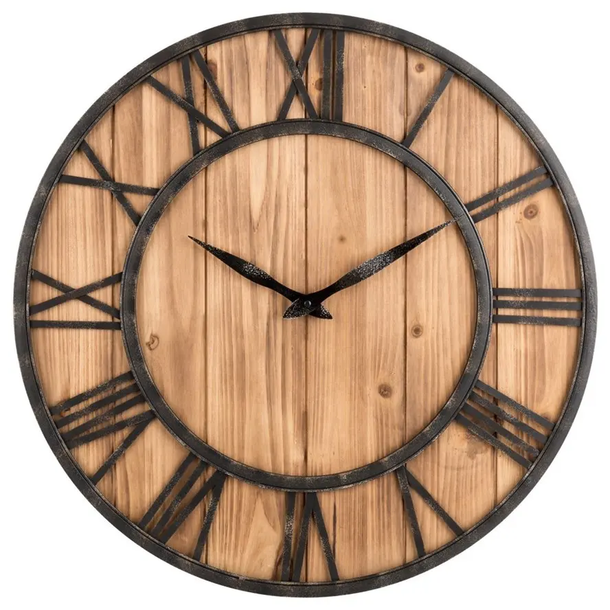 24" 60cm Oldtown Industrial extra Large rustic bronze Metal frame with Natural solid Wooden face Vintage Wall Decor Clock