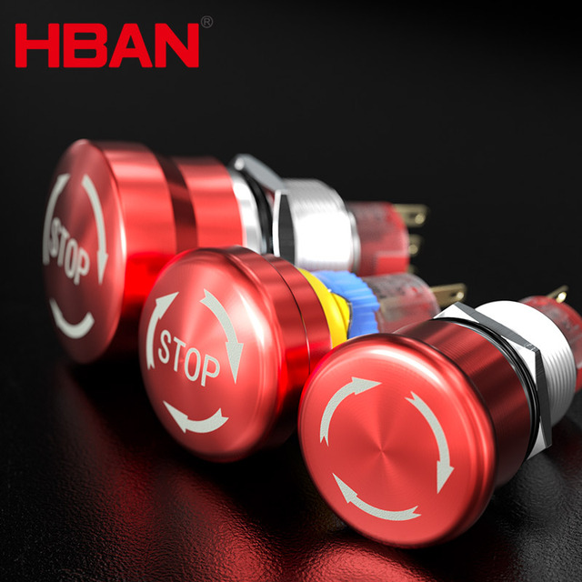 HBAN Metal Push Button Switch Latching 16mm 19mm 22MM E-stop Red Mushroom Emergency Stop Button Ip65