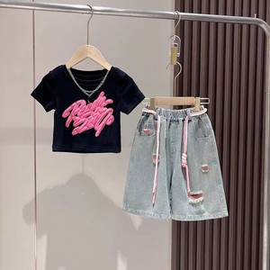 Set di Abbigliamento per Bambini Vendita Calda, Magliette a Maniche Corte con Graffiti e <span class=keywords><strong>Pantaloni</strong></span> Larghi in Denim, Completo 2 Pezzi per Ragazze Adolescenti - Product Image 6