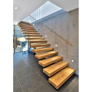 Escalier flottant en porte-à-faux contemporain en métal, acier et bois, design moderne avec colonne centrale droite - Product Image 4