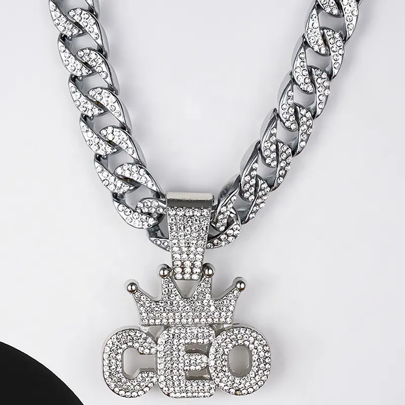 Factory cheap price cuban diamond silver crown CEO pendant necklace fashion style hip hop big chain necklace