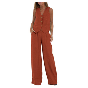 Conjunto de dos piezas de <span class=keywords><strong>lino</strong></span> y algodón de verano para <span class=keywords><strong>mujer</strong></span>, <span class=keywords><strong>chaleco</strong></span> sin mangas, Tops y pantalones, trajes de chándal personalizados para ocio de oficina - Product Image 3