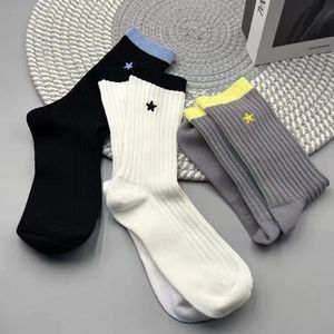 Embroidered Star Color Block Mid Calf <b>Socks</b> For Women Pure Cotton Casual Sport <b>Socks</b> Black White Gray Youth Size - Product Image 3