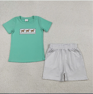Conjunto de Ropa de Verano para Niños BSSO1688 con Bordado de Cachorro, Camiseta Verde y Pantalones Cortos a Rayas - Product Image 2