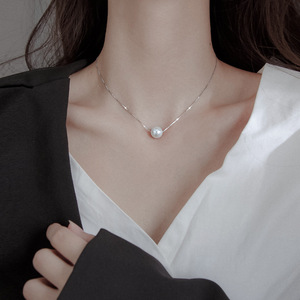 Pearl Necklace S925 Silver Plated Ball Pendant Minimalist Style Women's Everyday Wear Choker 10cm Extended Chain - Product Image 1