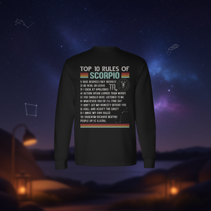 Camiseta de manga larga con signo del zodiaco Escorpio, diseño de las 10 reglas, ropa unisex negra - Product Image 3